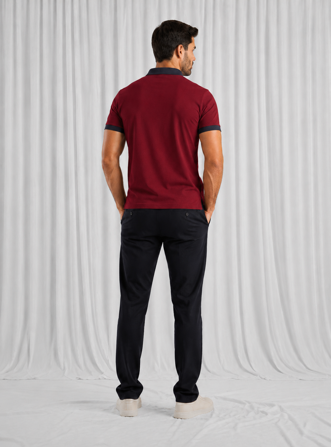 Burgundy with Navy Contrast Collar Polo Shirt for Men