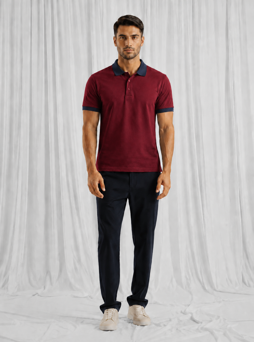 Burgundy with Navy Contrast Collar Polo Shirt for Men