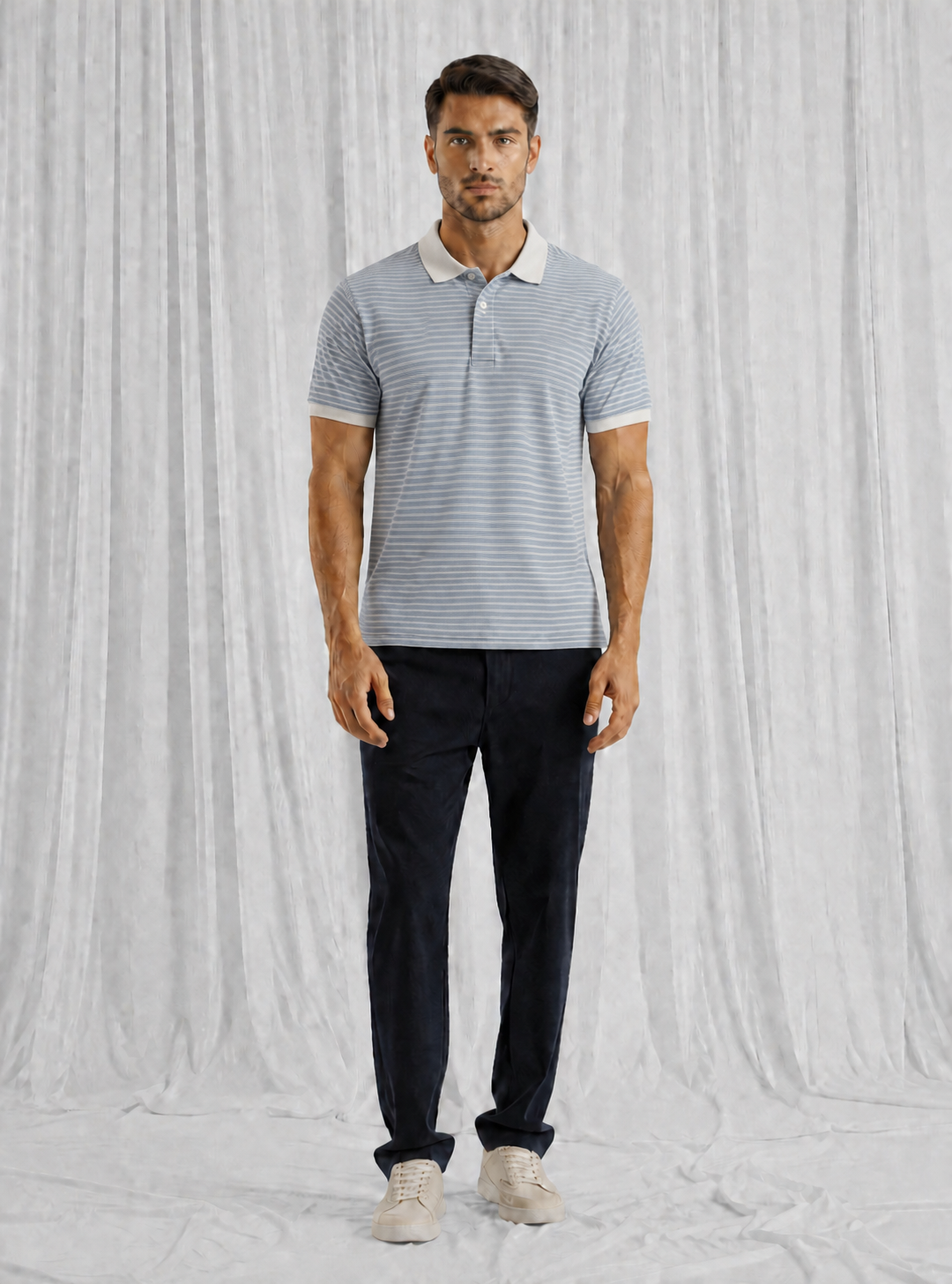 Light Blue Striped Polo Shirt For Men