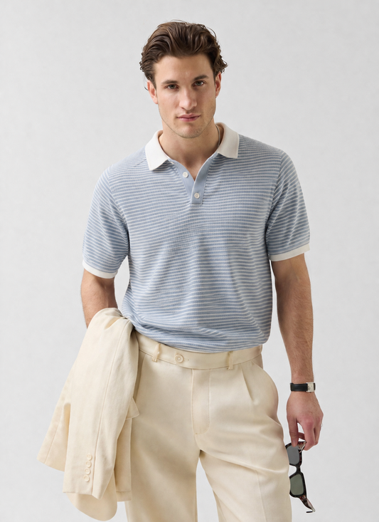 Light Blue Striped Polo Shirt For Men