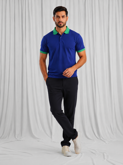 Navy Polo Shirt with Green Collar For Men