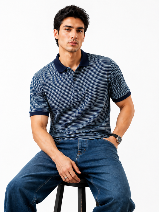 Ocean Blue Striped Polo Shirt for Men