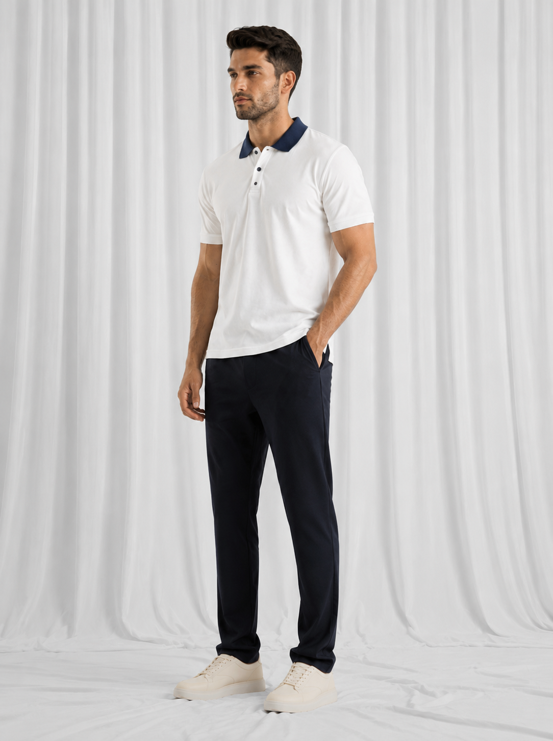 White Polo Shirt with Navy Collar For Men