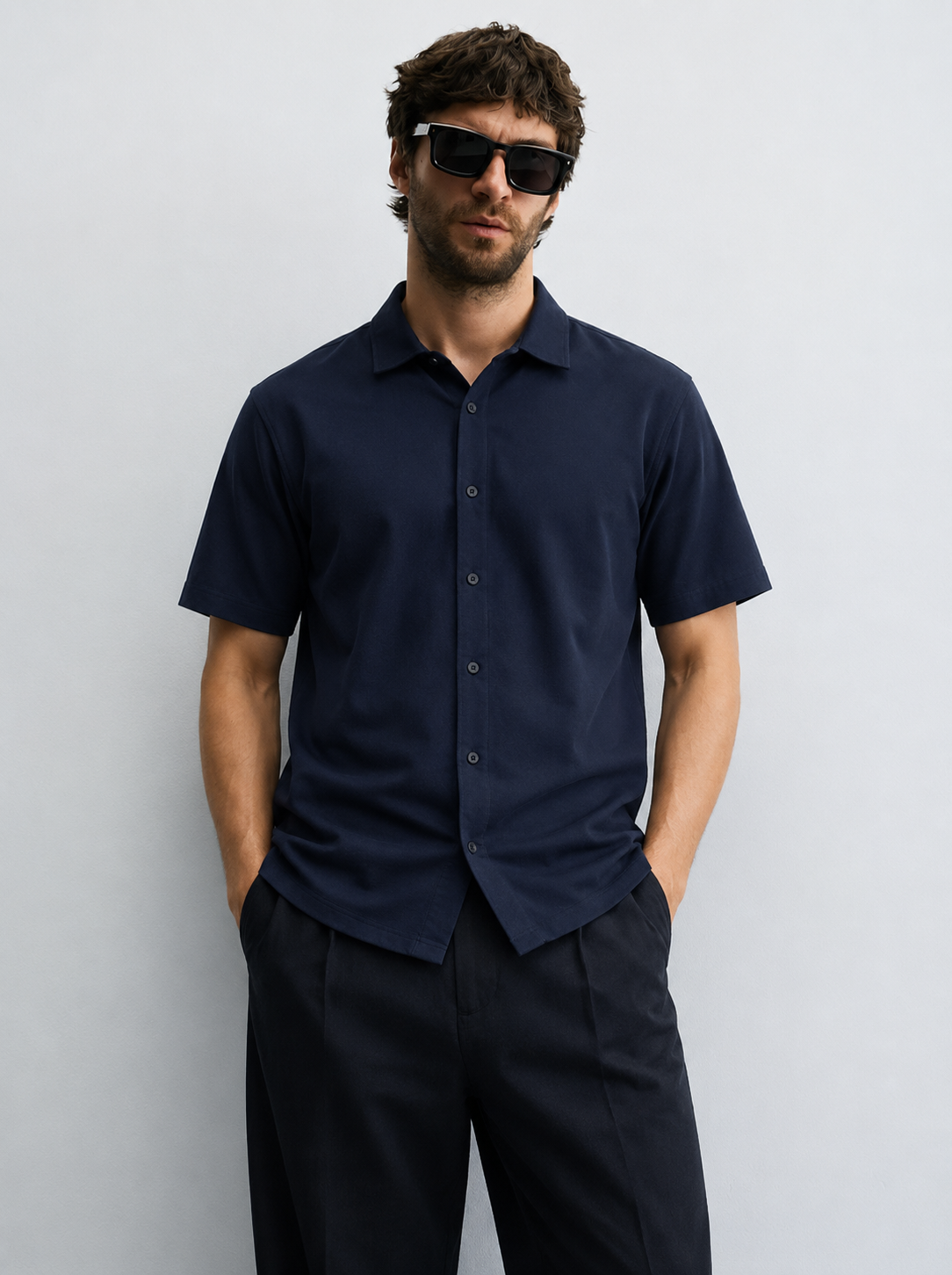 Navy Button-Down Polo For Men