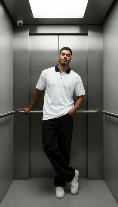 White Polo Shirt with Navy Collar For Men