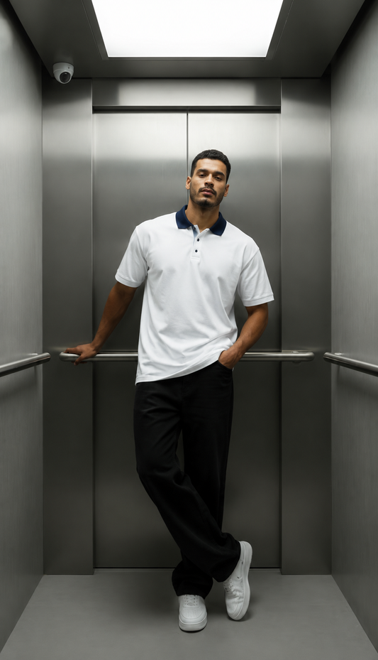 White Polo Shirt with Navy Collar For Men