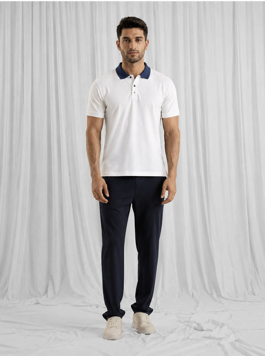 White Polo Shirt with Navy Collar For Men